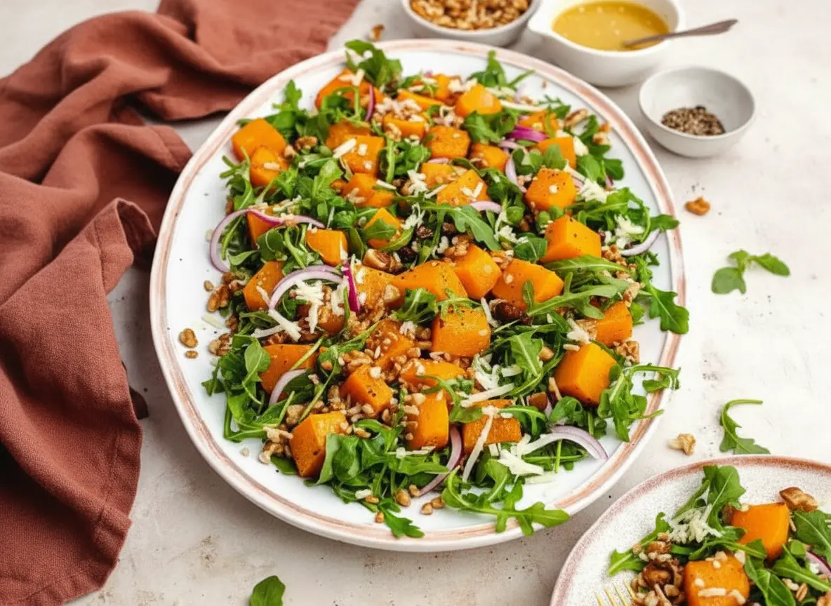 Overhead shot of a vibrant Roasted Butternut Squash Salad served on a large white oval platter, abundant with golden-orange roasted butternut squash cubes, fresh green arugula, thinly sliced red onion, scattered chopped walnuts, and a generous sprinkle of grated white cheese. The platter rests on a light marble countertop with subtle wood accents. A small minimalist ceramic pitcher with light yellow vinaigrette, a bowl of whole walnuts, and ground pepper are visible in the background, along with a reddish-brown linen napkin. Natural morning light casts soft shadows, creating warm tones and a clean, tidy presentation. No hands or people. (4:3 ratio)