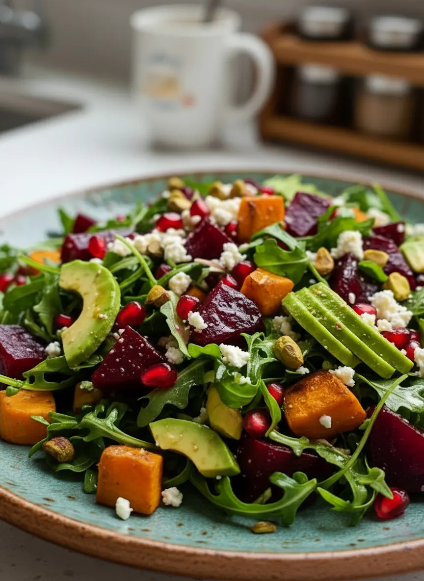 An overhead shot (3:4 ratio) of neatly prepped ingredients for Roasted Sweet Potato and Beet Salad laid out on a wooden cutting board on a marble countertop. Visible are diced sweet potatoes, diced beets, a bowl of fresh arugula, a whole avocado, a block of feta cheese, fresh pomegranates, and shelled pistachios. The setting is bathed in soft natural morning light from an east window, with fresh herbs subtly blurred in the background, conveying a clean and tidy presentation.