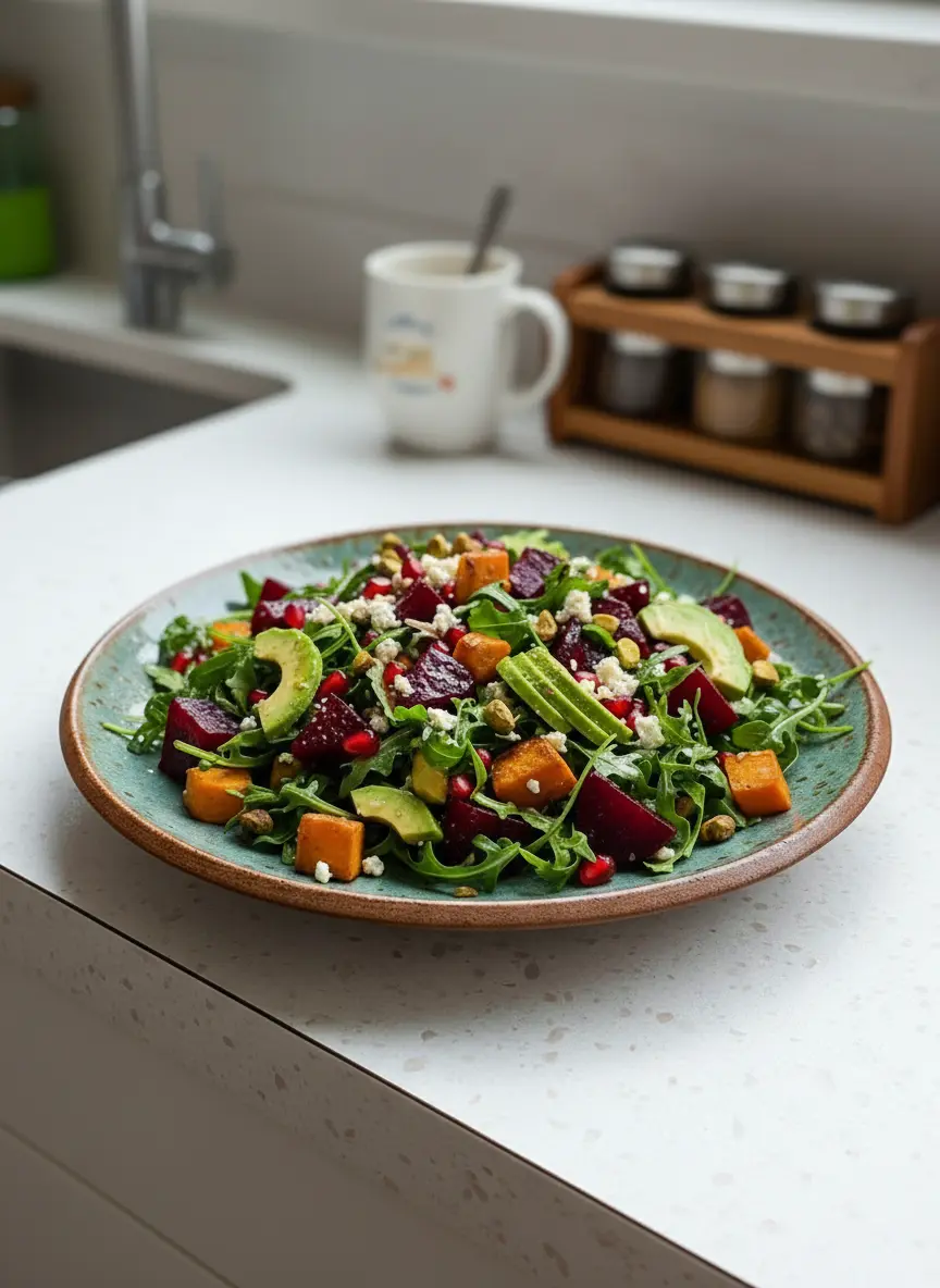 A close-up shot (3:4 ratio) focusing on roasted sweet potato cubes and beet chunks on a parchment-lined minimalist white baking sheet. The vegetables are perfectly tender with slight caramelization on their edges, showcasing their vibrant orange and deep red colors. The baking sheet rests on a marble countertop under warm, natural morning light, with soft shadows. The image highlights the beautiful transformation of the root vegetables after roasting.