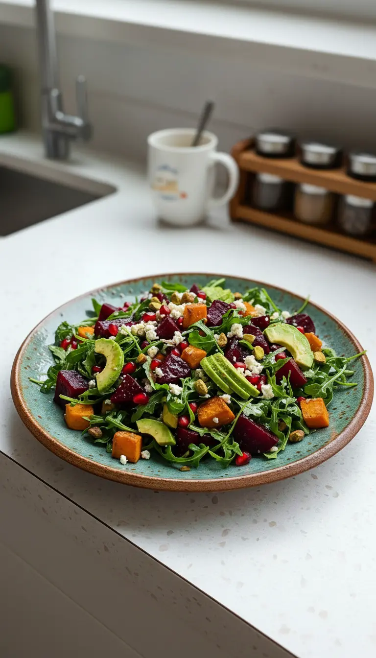 A serving of the vibrant Roasted Sweet Potato and Beet Salad (3:4 ratio) in a minimalist white ceramic bowl, showcasing the rich textures and colors: tender roasted sweet potatoes and beets, crisp arugula, creamy avocado, crumbled white feta, red pomegranate seeds, and green pistachios, all lightly dressed. The bowl is placed on a marble countertop, with a subtle wood accent (part of the wooden cutting board) in the background, under soft natural morning light.