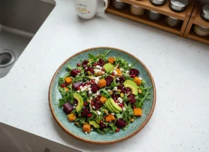 A beautifully arranged large oval platter (4:3 ratio) filled with vibrant Roasted Sweet Potato and Beet Salad, featuring abundant green arugula, golden orange roasted sweet potato cubes, deep ruby red roasted beet chunks, perfectly sliced green avocado, crumbled white feta cheese, sparkling red pomegranate seeds, and crushed green pistachios. The salad is glistening with a light dressing. The platter is on a clean marble countertop, with soft natural morning light from an east window casting gentle shadows. A small white ceramic bowl of maple Dijon dressing and a couple of wooden salad servers are subtly placed on the side. The scene is tidy, warm-toned, and conveys genuine love for the process.