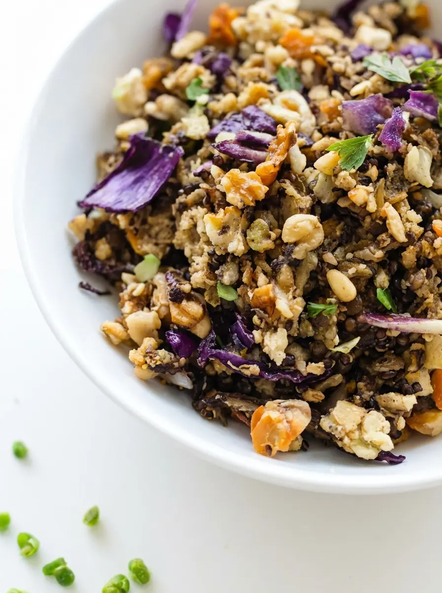 An overhead view on a wooden cutting board showing a mound of thinly shaved raw Brussels sprouts, piles of sliced red cabbage, julienned carrots, a small bowl of cooked quinoa, and a small bowl of chopped toasted walnuts, all arranged neatly. Natural morning light from an east window casts soft shadows. Fresh herbs are visible in the background on a marble countertop. (3:4 ratio)