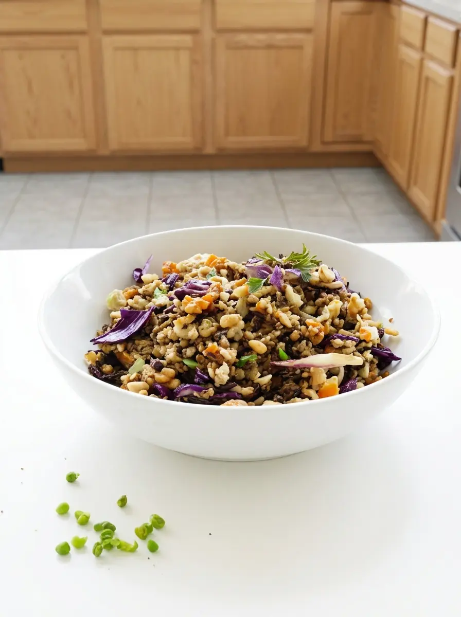 A close-up of a minimalist white ceramic bowl where shaved Brussels sprouts, red cabbage, and carrots are being gently tossed with a clear, light-colored vinaigrette. The texture of the vegetables is prominent, reflecting the initial mixing step. The scene is on a clean white marble countertop with soft, warm lighting. (3:4 ratio)