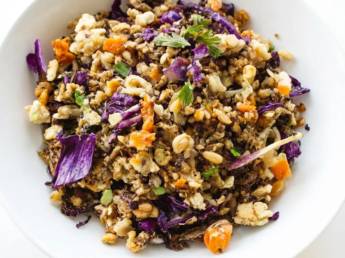 A vibrant, top-down shot of a Shaved Brussels Sprouts Salad in a minimalist white ceramic bowl, showcasing thinly shaved Brussels sprouts, bright purple red cabbage, orange carrot pieces, and a granular mixture of grains and nuts, garnished with fresh parsley. The bowl sits on a clean white marble countertop under natural morning light from an east window, with soft shadows. The overall tone is warm and inviting. (4:3 ratio)