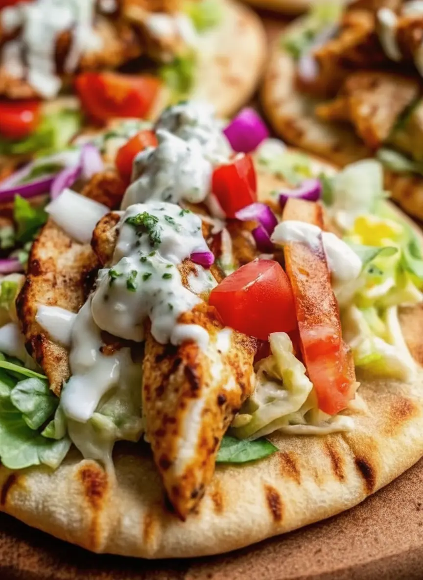 A preparation shot on a wooden cutting board showing raw chicken strips coated in a vibrant red spice rub of paprika and cumin. Beside the chicken are small glass bowls containing diced red onion, chopped cucumber, and whole cherry tomatoes. A whisk rests near a bowl of creamy white yogurt dressing with visible green herbs. Natural light floods the scene from the left, highlighting the textures of the spices and fresh vegetables.
