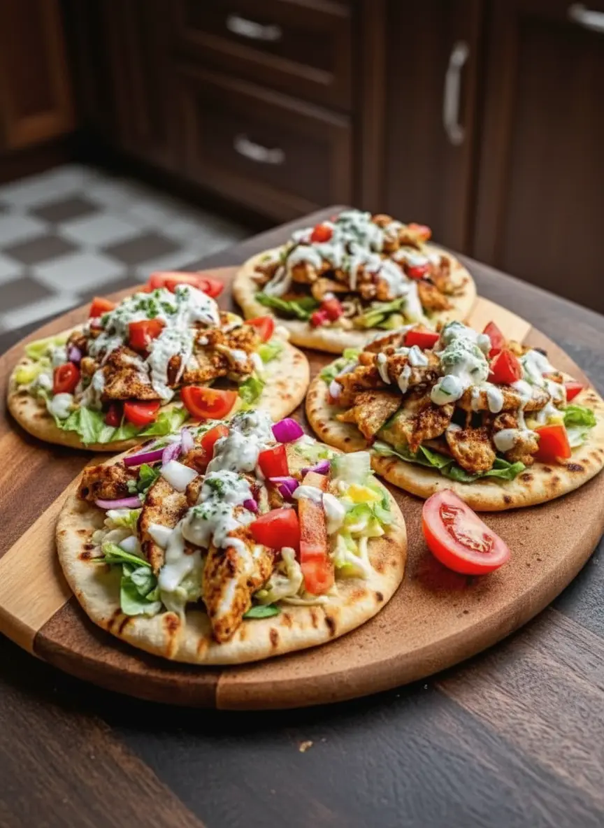 A process shot of a metal sheet pan fresh out of the oven. The pan holds roasted chicken strips with charred, crispy edges and a few scattered red onion slices. Beside the chicken on the same pan, soft pita breads are warm and slightly toasted. Steam is subtly rising from the chicken. The background shows the edge of the marble countertop and a glimpse of a fresh herb plant.