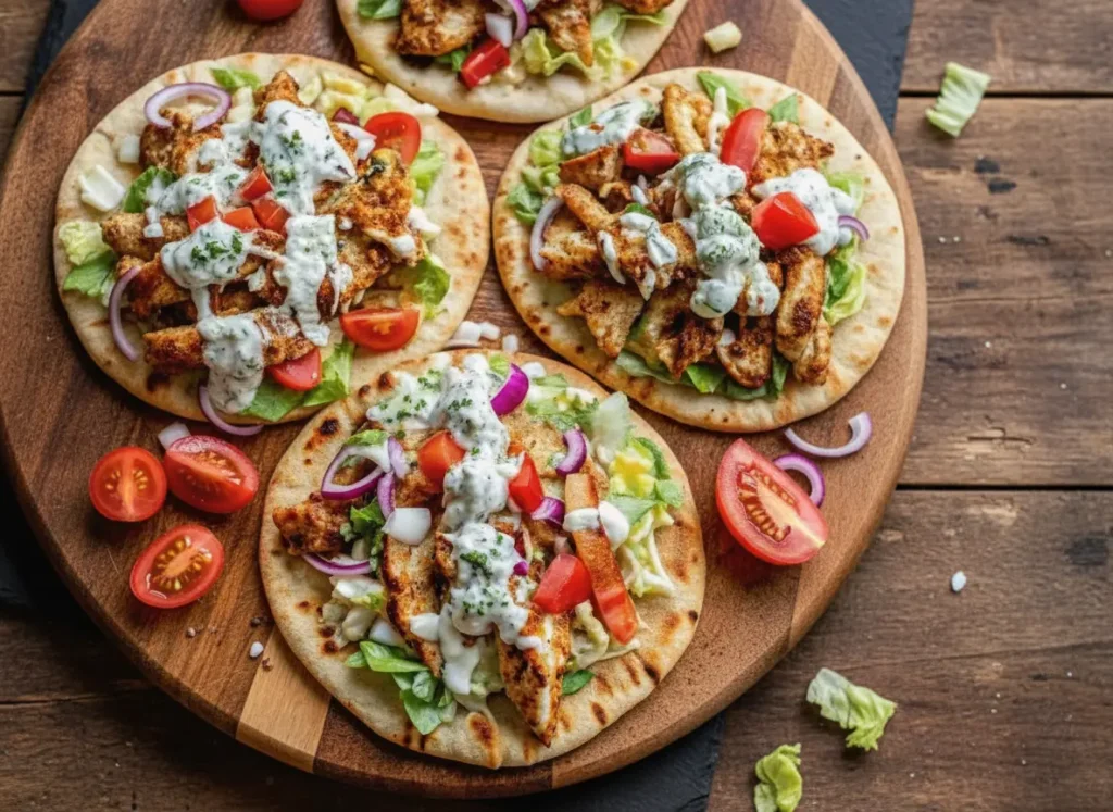 A high-angle, hero shot of two open-faced Sheet Pan Chicken Pitas resting on a minimalist white ceramic plate. The pitas are piled high with golden-brown spiced chicken strips, shredded green cabbage, diced red onions, and chunks of cucumber. A generous drizzle of creamy white herb ranch sauce cascades down the sides, speckled with fresh chopped dill. The plate sits on a marble countertop with soft morning light casting gentle shadows. In the background, out of focus, is a wooden cutting board with a knife and a small bowl of cherry tomatoes. The scene is clean, airy, and inviting.
