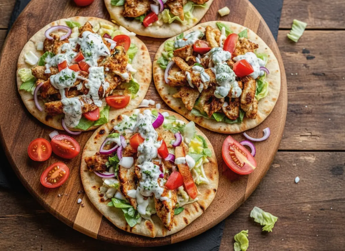 A high-angle, hero shot of two open-faced Sheet Pan Chicken Pitas resting on a minimalist white ceramic plate. The pitas are piled high with golden-brown spiced chicken strips, shredded green cabbage, diced red onions, and chunks of cucumber. A generous drizzle of creamy white herb ranch sauce cascades down the sides, speckled with fresh chopped dill. The plate sits on a marble countertop with soft morning light casting gentle shadows. In the background, out of focus, is a wooden cutting board with a knife and a small bowl of cherry tomatoes. The scene is clean, airy, and inviting.