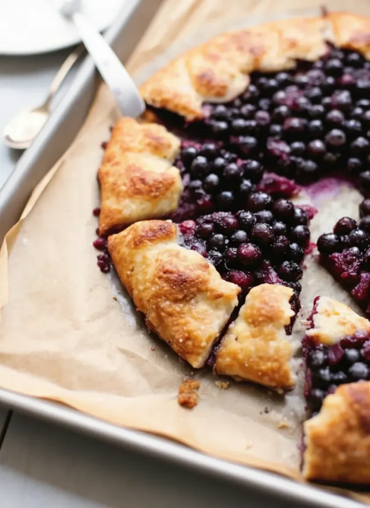 Simple Blueberry Galette A 3:4 vertical shot of the preparation process. A minimalist ceramic bowl filled with fresh, dusty blue blueberries sits next to a pile of flour and a block of cold butter on a marble surface. Morning light hits the ingredients, highlighting the freshness of the berries. The scene is tidy and inviting.