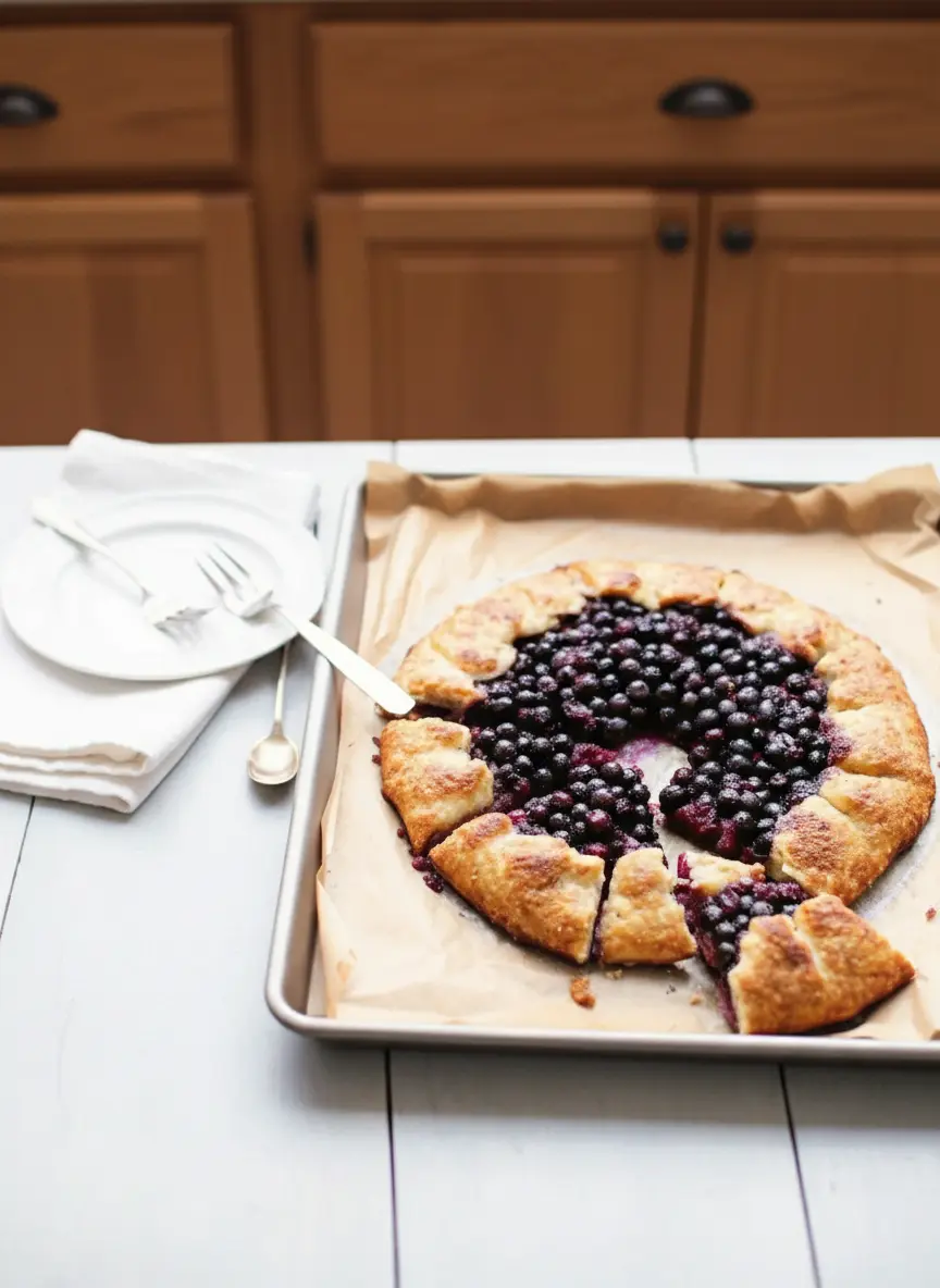 A 3:4 vertical shot of the assembly technique. The raw dough is rolled out on the marble counter, with the blueberry filling piled high in the center. The edges are partially folded over, showing the pleating technique. A small bowl of egg wash and a pastry brush are visible on the side. The lighting is warm and natural.