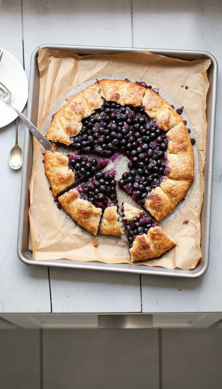 A 3:4 vertical shot focusing on texture. A macro close-up of the baked galette crust meeting the fruit filling. The focus is on the caramelized coarse sugar crystals on the golden pastry and the bubbling, dark violet blueberry juice at the edge. The background is a soft blur of wood and marble.