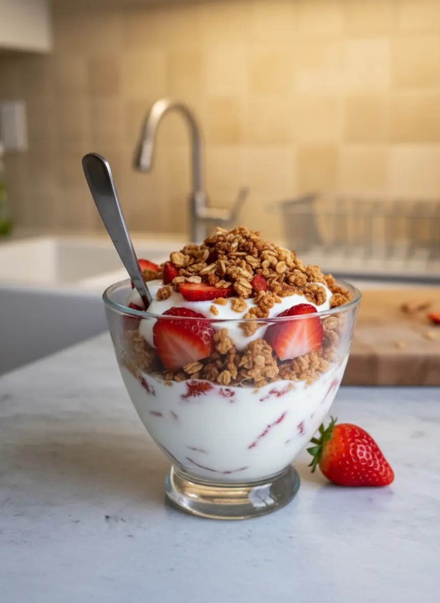3:4 aspect ratio. Serving shot. A single serving of the Strawberry Crackle Salad in a glass cup sitting on a white ceramic plate. A silver spoon rests on the plate. In the background, out of focus, a bowl of extra strawberries and the wooden cutting board. The lighting is bright and airy, typical of a morning brunch setting.