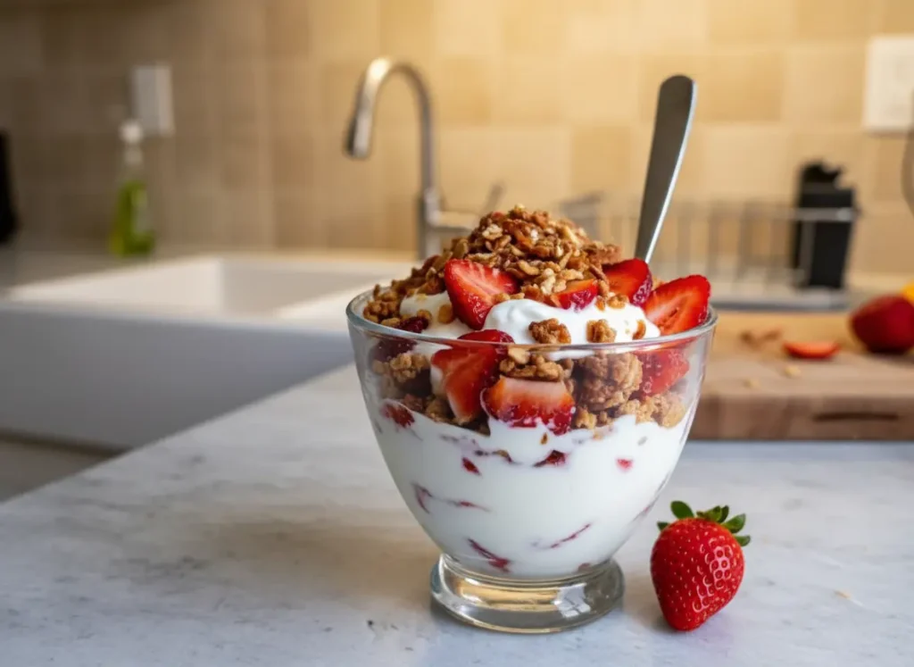 Hero shot, 4:3 aspect ratio. A close-up, eye-level view of a clear glass trifle bowl filled with the Strawberry Crackle Salad. Layers of fluffy white cream cheese mousse, vibrant red sliced strawberries, and a golden-brown, chunky pretzel and pecan topping. Natural morning light streaming from the left, highlighting the gloss on the strawberries and the texture of the crunch. Background is a soft-focus kitchen scene with a marble countertop and a hint of fresh mint in a vase.