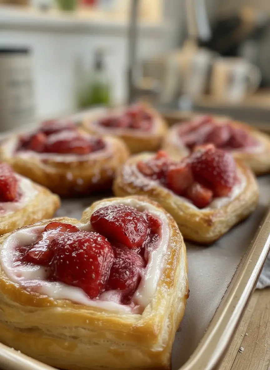 Ingredients laid out for Strawberry Cream Cheese Heart Danishes: thawed puff pastry sheet, block of cream cheese, fresh whole strawberries, a small bowl of granulated sugar, vanilla extract, and an egg, all on a marble countertop with soft morning light. The same wooden cutting board is subtly visible in the background, clean and tidy presentation. (3:4 ratio)