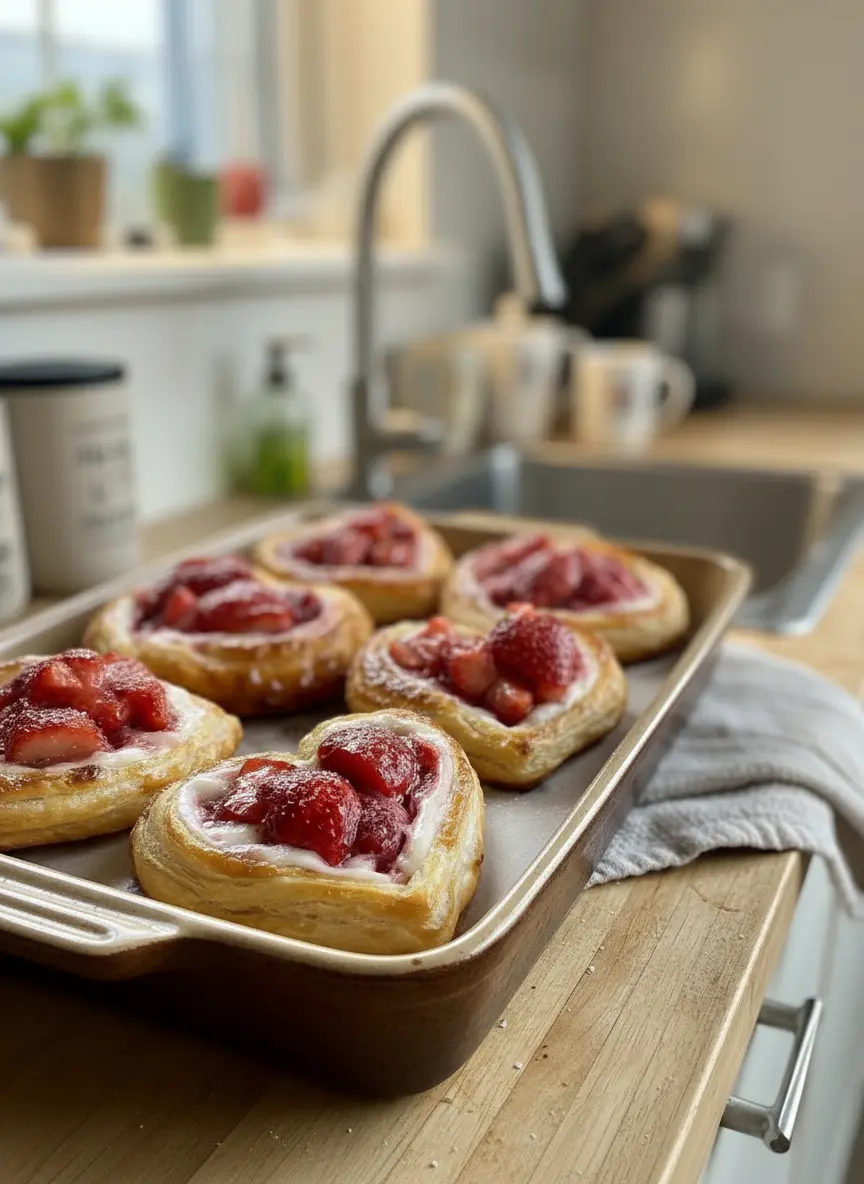 Process shot of shaping Strawberry Cream Cheese Heart Danishes: a partially folded heart-shaped puff pastry square on a marble countertop, with a small bowl of smooth cream cheese filling and diced strawberries nearby. Natural morning light highlights the pastry's texture. The same wooden cutting board is in the background, clean and tidy presentation. (3:4 ratio)