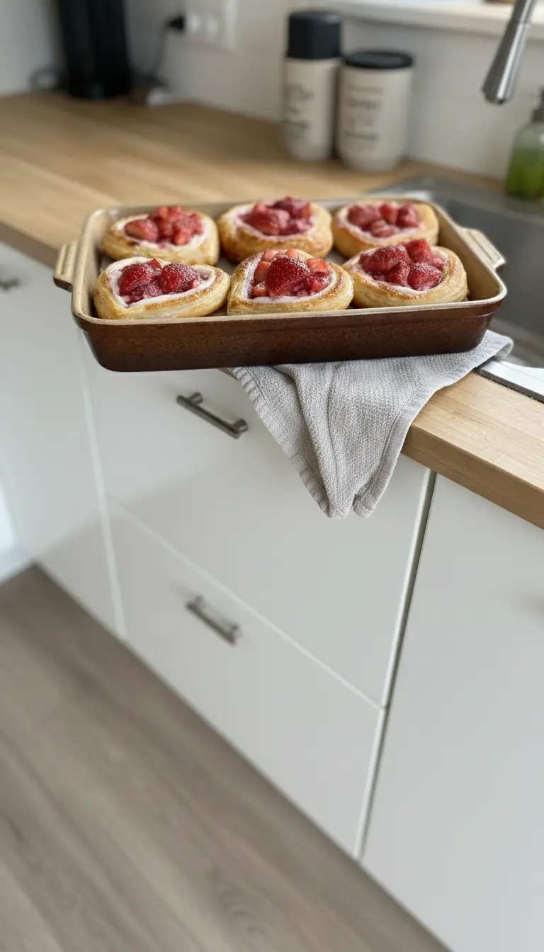 Close-up of a baked Strawberry Cream Cheese Heart Danish, showcasing its flaky golden crust, creamy white filling, and glistening red strawberries, with a light dusting of powdered sugar. The danish is on a minimalist white plate with a subtle wooden accent in the background, captured in soft morning light, clean and tidy presentation. (3:4 ratio)