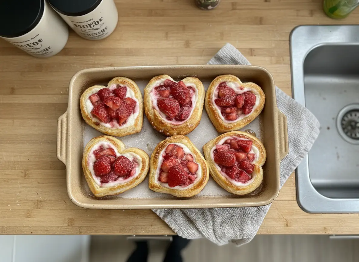Golden brown heart-shaped Strawberry Cream Cheese Heart Danishes, filled with creamy white cream cheese and vibrant red diced strawberries, lightly dusted with powdered sugar, arranged on parchment paper on a warm wooden cutting board. Shot with natural morning light from an east window, creating soft shadows. The background features subtle marble countertops and a few fresh herbs, clean and tidy presentation. (4:3 ratio)