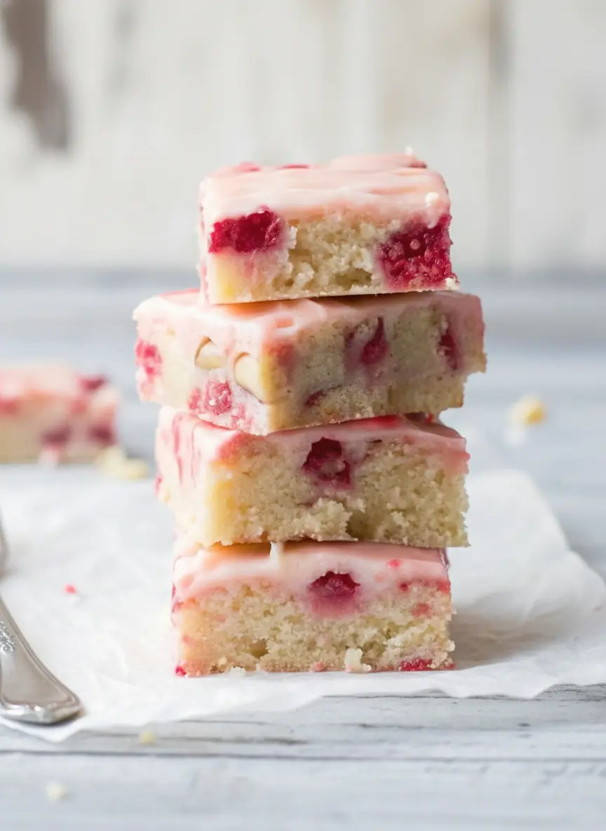 A close-up of blondie batter, pale golden with vibrant red strawberry pieces gently folded in, spread evenly into a parchment-lined white ceramic baking dish on a wooden cutting board. The scene is lit by natural morning light with soft shadows and warm tones. No hands or people. (3:4 ratio)