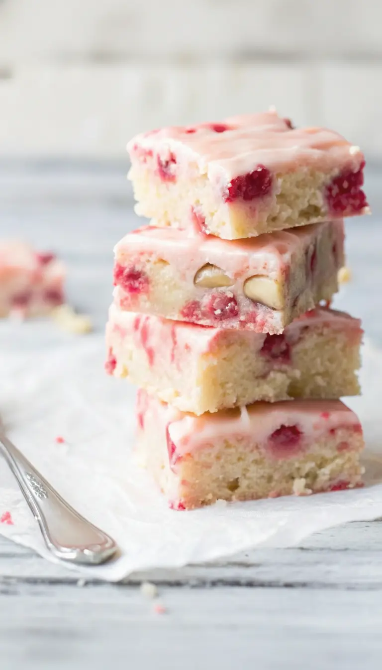 A single Strawberry Lemon Blondie, cut into a perfect square, showcasing its soft, chewy crumb, visible red strawberry pieces, and luscious light pink frosting, placed on a minimalist white plate on a marble countertop. Fresh herbs (e.g., a sprig of mint) are subtly blurred in the background. Natural morning light, soft shadows, warm tones. No hands or people. (3:4 ratio)
