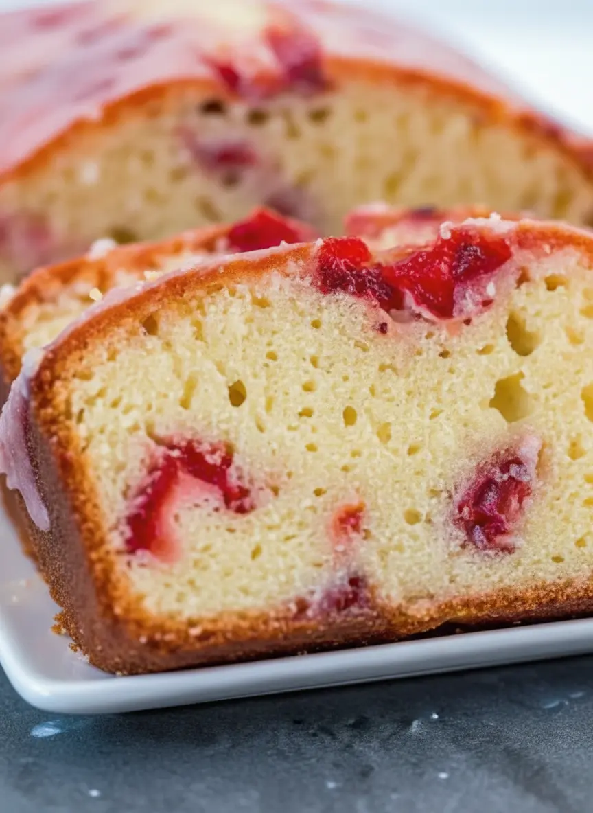 Ingredients for Strawberry Pound Cake laid out on a marble countertop: bowl of flour, sugar, butter, eggs, buttermilk, sour cream, and a bowl of hulled and finely diced fresh strawberries. A sprig of fresh mint is subtly visible in the background. Natural morning light, soft shadows, warm tones, shot at 3:4 ratio. No hands or people.