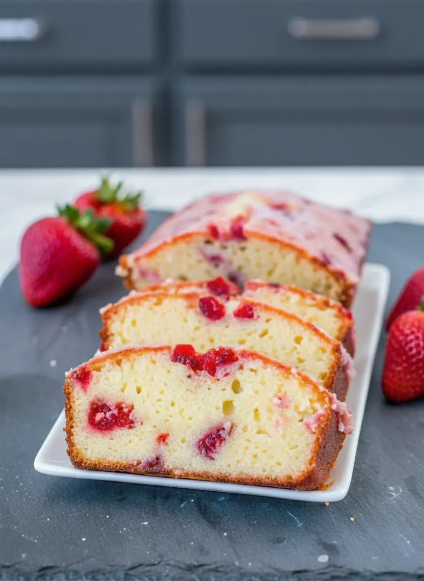 A close-up shot of light yellow cake batter in a ceramic bowl with visible floured strawberry pieces being gently folded in with a wooden spoon. The background shows a hint of a marble countertop under natural morning light. Shot at 3:4 ratio. No hands or people.