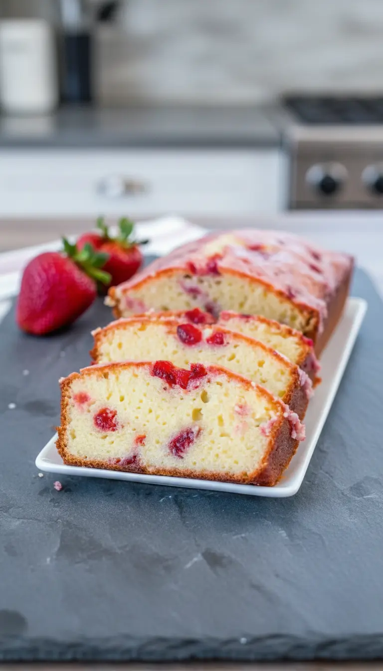 A generous slice of Strawberry Pound Cake, beautifully glazed with pink glaze, resting on a minimalist white plate on a wooden cutting board. The light yellow interior crumb is clearly visible with red strawberry bits. A subtle herb sprig or a single fresh strawberry for garnish. Natural morning light, soft shadows, warm tones, shot at 3:4 ratio. No hands or people.