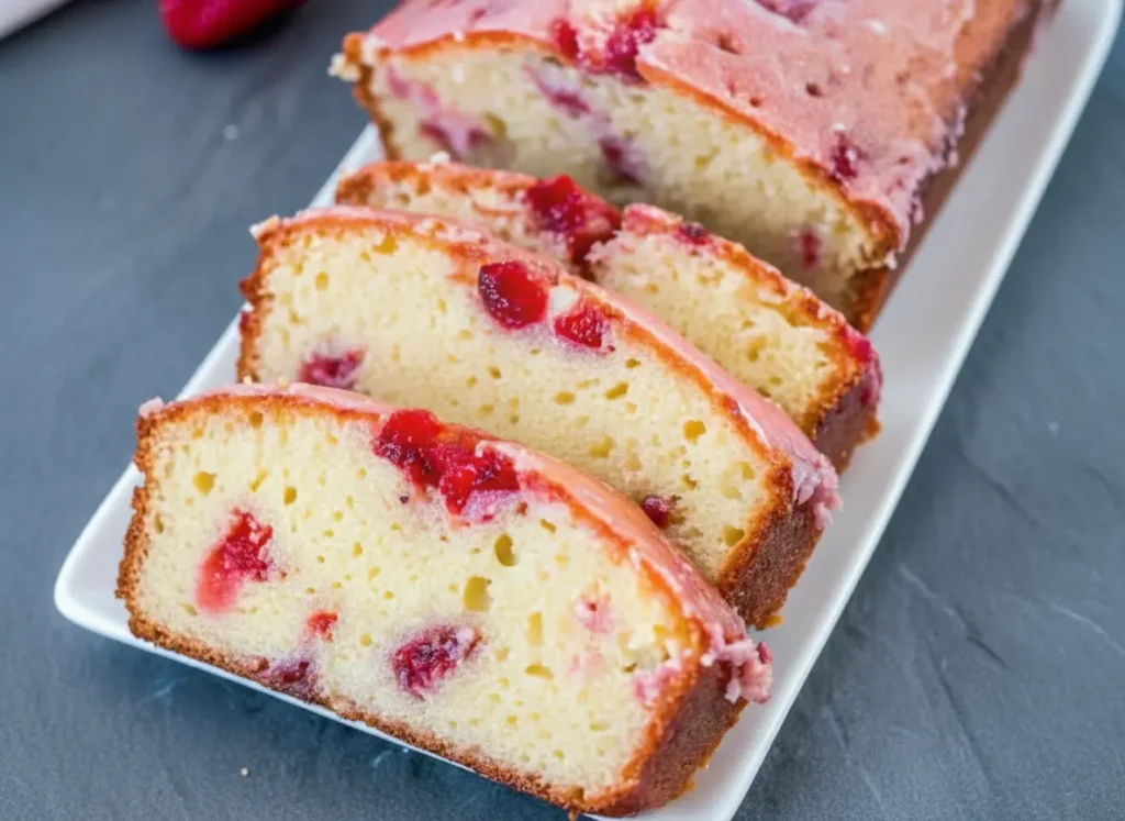 A perfectly glazed Strawberry Pound Cake loaf, partly sliced, showcasing the moist light yellow crumb and visible red strawberry pieces. The slices are arranged on a wooden cutting board on a marble countertop. Fresh whole strawberries are scattered nearby on a minimalist white plate. The scene is bathed in natural morning light, with soft shadows and warm tones, a clean and tidy presentation, shot at 4:3 ratio. No hands or people.