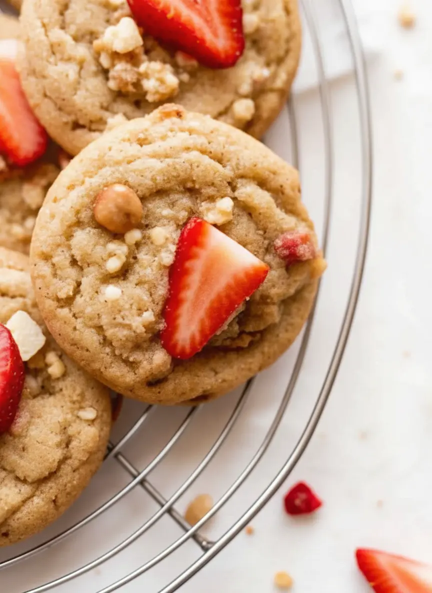 Ingredients laid out for Strawberry Shortcake Cookies: softened butter, granulated sugar, all-purpose flour, crushed freeze-dried strawberries, and fresh strawberry halves, arranged on a wooden cutting board on a marble countertop with natural morning light and fresh herbs in the background. (3:4 ratio)