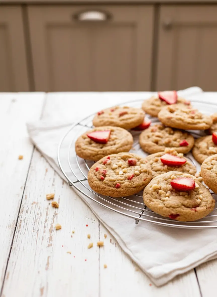 A close-up shot of a scooped ball of Strawberry Shortcake Cookie dough on a parchment-lined baking sheet, generously sprinkled with the coarse crumble topping, ready for baking. The scene is on a marble countertop with soft, warm natural light. (3:4 ratio)