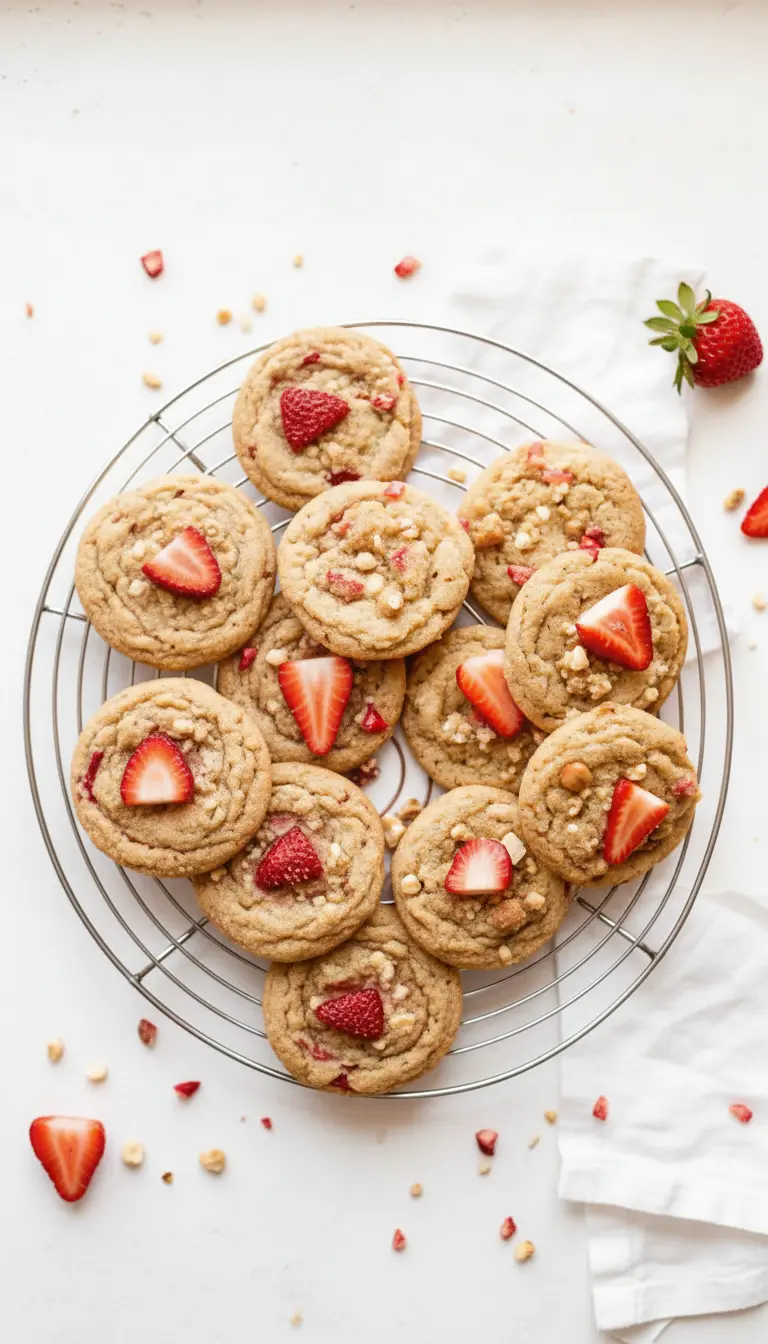 A stack of two Strawberry Shortcake Cookies on a minimalist white ceramic plate, showcasing their soft texture, visible red strawberry pieces, and golden crumble, garnished with a single fresh strawberry half. The plate rests on a wooden accent piece on a marble countertop, bathed in natural morning light with soft shadows. (3:4 ratio)