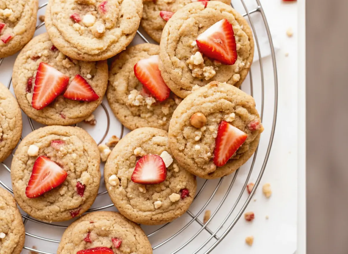 A top-down shot of several golden-brown Strawberry Shortcake Cookies with visible red bits of freeze-dried strawberries and a light crumble topping, resting on white parchment paper on a wire cooling rack. Fresh strawberry halves are artfully placed around the cookies, all set on a marble countertop with soft, warm natural morning light and subtle shadows, maintaining a clean and tidy presentation with a hint of a wooden accent in the soft background. (4:3 ratio)