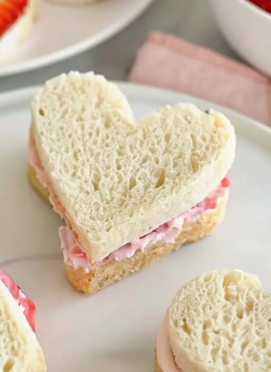 Arranged ingredients for heart-shaped strawberry tea sandwiches: Sliced thin white bread on a wooden cutting board, a heart-shaped cookie cutter nearby, a pile of fresh ripe strawberries, and a small white ceramic bowl containing the pre-mixed creamy pink filling. All items are on a marble countertop under natural morning light with soft shadows and warm tones. (3:4 ratio)