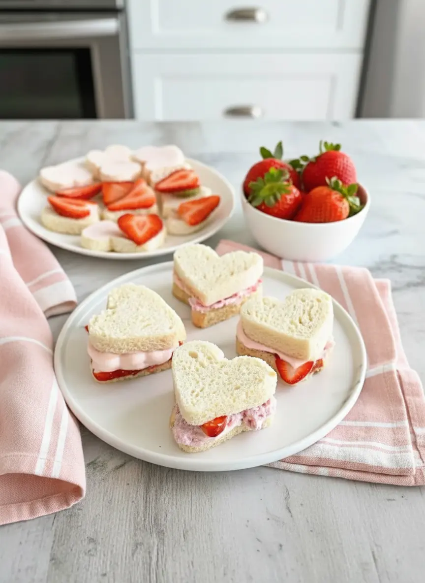 A partially assembled heart-shaped strawberry tea sandwich: one heart-shaped bread slice is spread with the pink cream cheese filling, and thin, vibrant fresh strawberry slices are being artfully placed on top. The setup is on a minimalist white plate on a marble countertop, illuminated by soft morning light. (3:4 ratio)