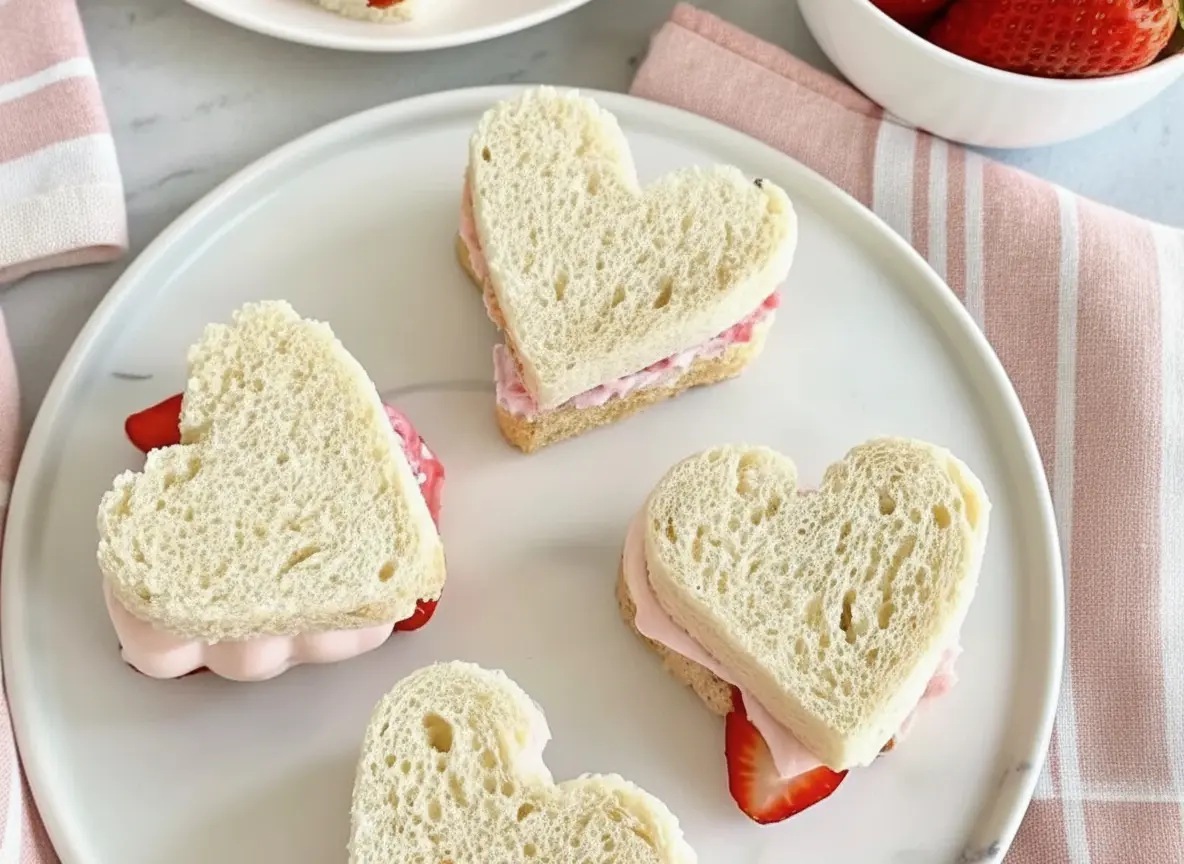 A beautifully arranged minimalist white plate filled with delicate heart-shaped strawberry tea sandwiches, some closed and some open-faced showcasing sliced fresh strawberries and creamy pink filling. A white ceramic bowl overflowing with whole ripe strawberries is blurred in the background. The scene is bathed in natural morning light, casting soft shadows on a light marble countertop with a subtle wood accent visible. Clean and tidy presentation, warm tones. (4:3 ratio)