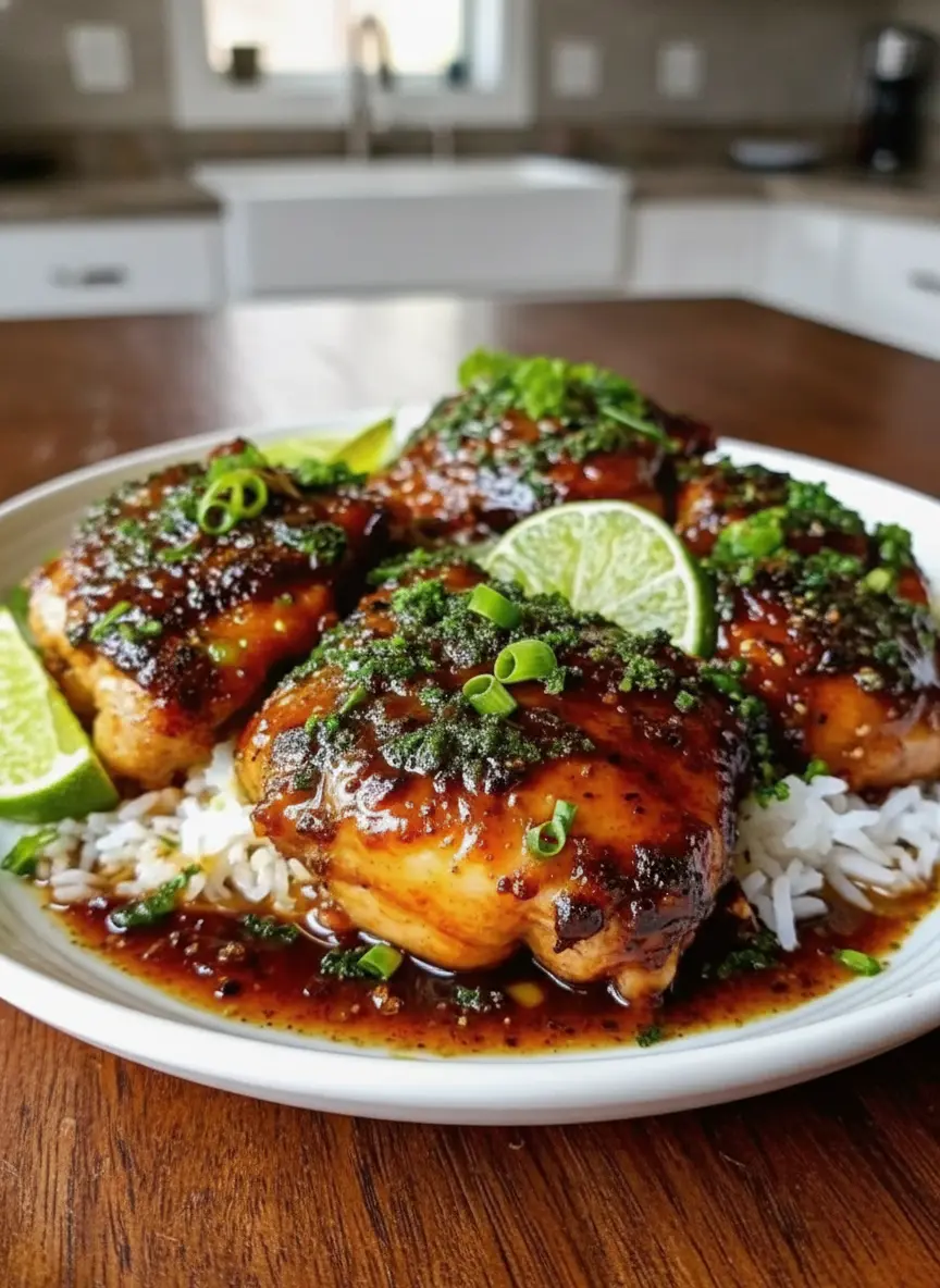 A large, oven-safe skillet on a stovetop burner (off), containing seared chicken thighs with the glossy, dark reddish-brown Tangy Honey Lime Chicken sauce gently simmering and clinging to the chicken. Steam rising subtly. The skillet is on a marble countertop with a wooden accent. Natural morning light, soft shadows, warm tones. No hands. (3:4 ratio)