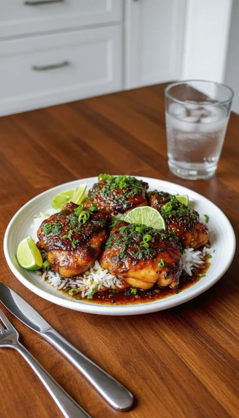 A serving of a single glistening Tangy Honey Lime Chicken thigh placed on fluffy white rice on a minimalist white plate. The chicken shows the beautiful sticky glaze with visible green herbs on top. Sauce is pooled slightly at the base of the rice. A lime wedge is positioned to the side. The scene is on a marble countertop under natural morning light, soft shadows, warm tones. Fresh herbs are blurred in the background. No hands. (3:4 ratio)