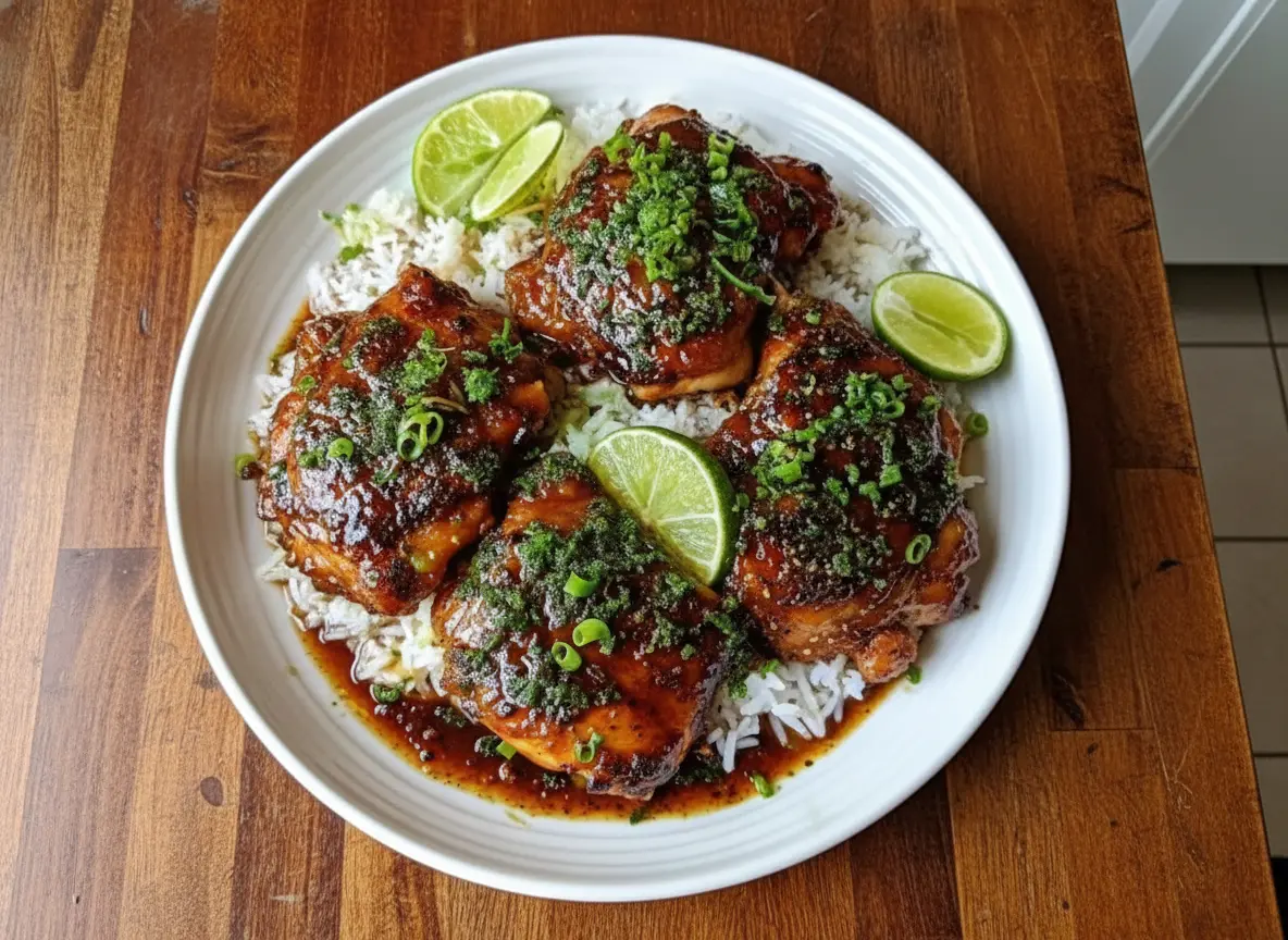 A close-up, top-down shot of several pieces of perfectly glazed Tangy Honey Lime Chicken thighs, rich dark reddish-brown sauce with specks of green herbs (cilantro/chives) and garlic, served on a bed of fluffy white rice on a minimalist white plate. Bright green lime wedges are visible around the chicken. The scene is bathed in natural morning light from an east window, casting soft shadows on a marble countertop with a hint of a wooden accent in the background. Fresh herbs are blurred in the background, clean and tidy presentation. Warm tones. No hands. (4:3 ratio)