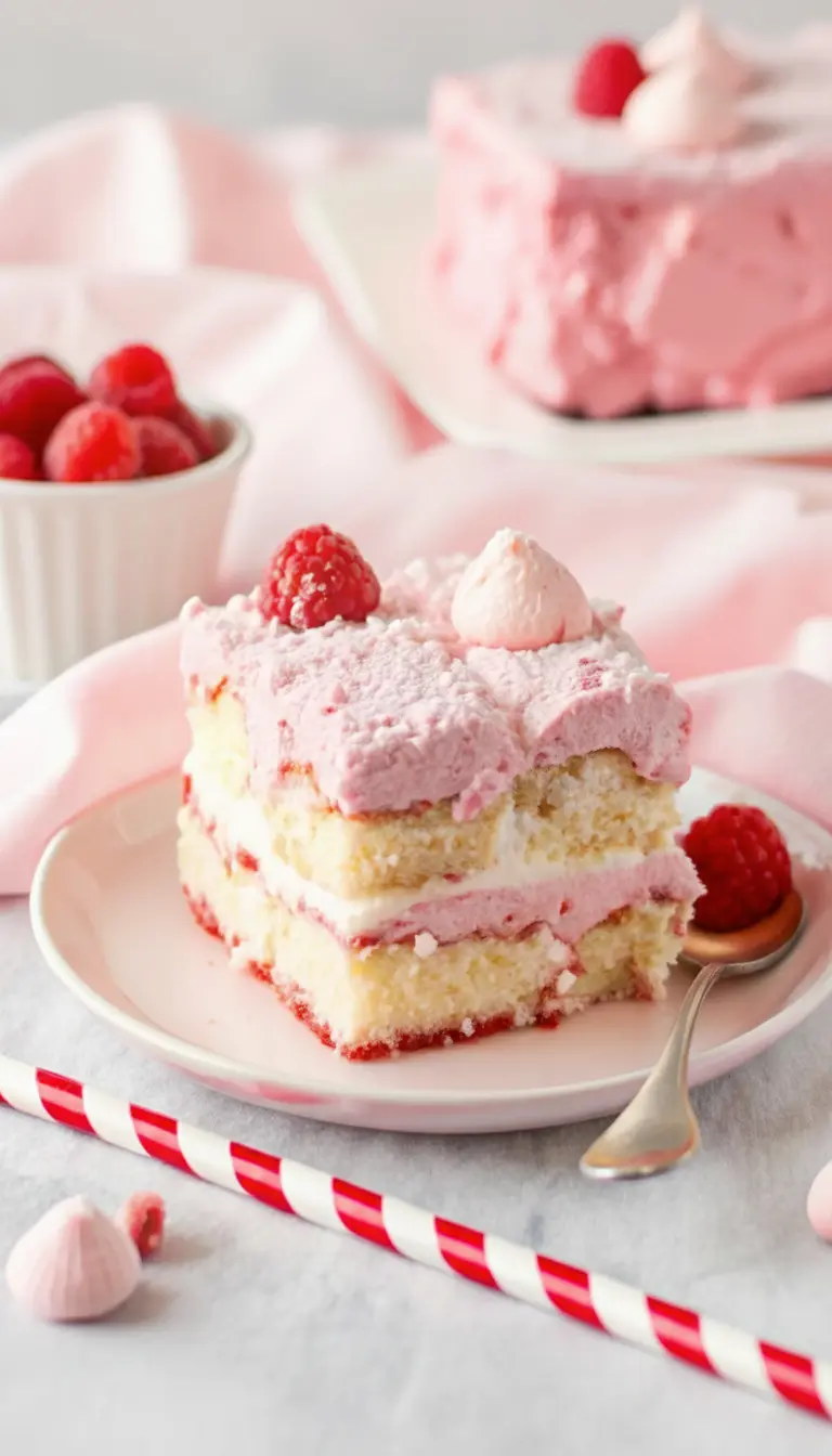 A close-up shot of the creamy texture of a sliced White Chocolate Raspberry Tiramisu, highlighting the moist ladyfingers, the soft pink cream, and the flecks of raspberry, topped with shredded coconut and a fresh raspberry garnish. The slice is on a minimalist white plate, with soft, warm natural light creating gentle shadows. The background shows hints of a tidy kitchen environment with marble and wood accents. No hands or people. (3:4 ratio)