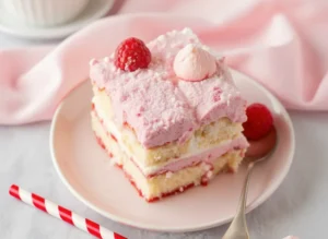 A perfectly rectangular slice of White Chocolate Raspberry Tiramisu on a minimalist white round plate. The tiramisu shows distinct layers of light beige ladyfingers, light pink mascarpone cream, and a thinner vibrant red raspberry compote layer. It is generously topped with fluffy white shredded coconut. A single fresh red raspberry sits beside the slice. In the foreground, red and white striped paper straws and a few irregular pieces of white chocolate are visible. The scene is bathed in natural morning light from an east window, with soft shadows and warm tones, set on marble countertops with a subtle white patterned tablecloth texture. The background is softly blurred with hints of pink decorative elements, no hands or people. (4:3 ratio)