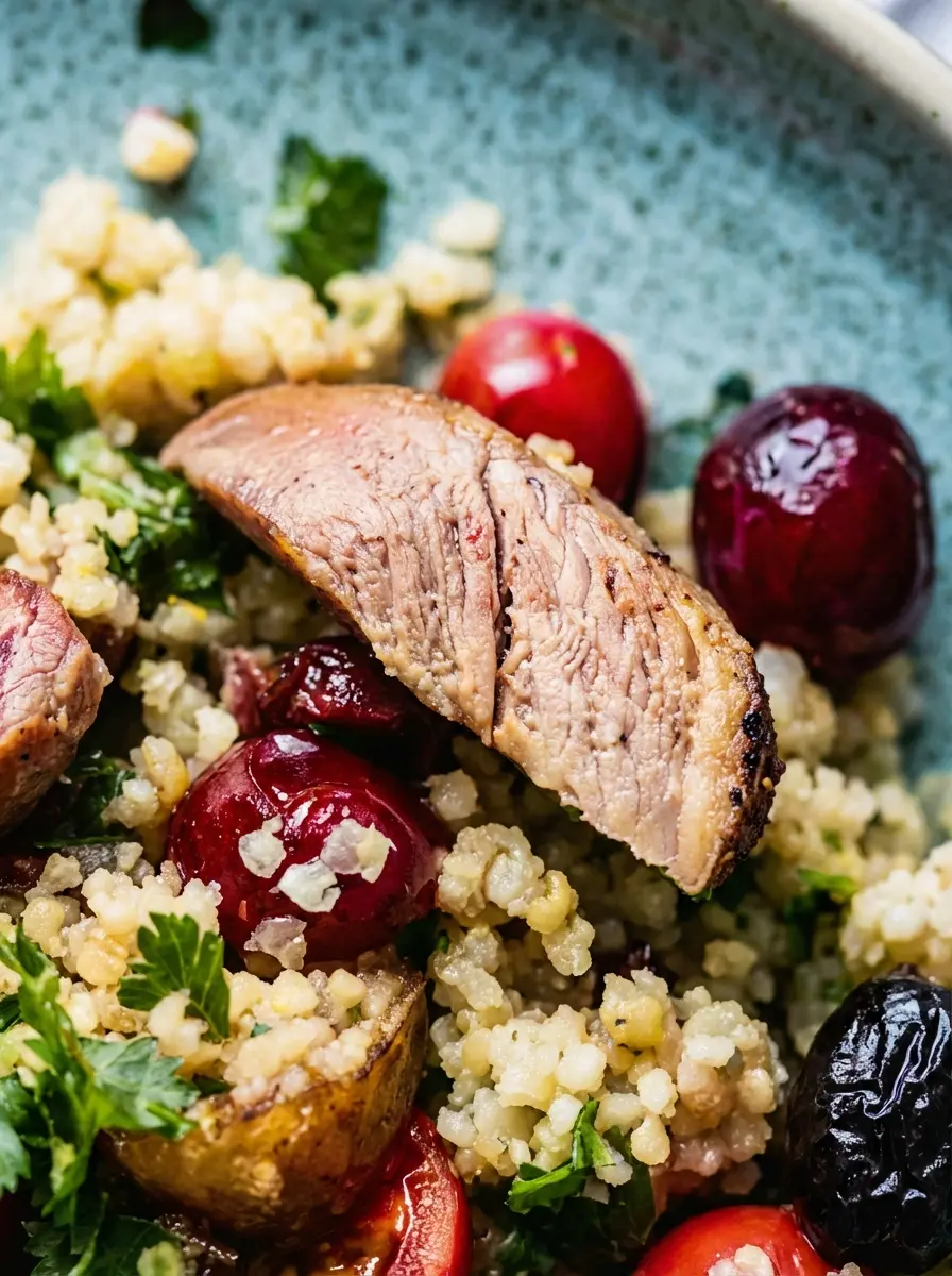 A flat lay (overhead shot) of the raw ingredients for Cherry Quinoa Salad With Lamb on a wooden cutting board, including fresh lamb loin, a pile of rinsed quinoa, a bowl of bright red cherries, a bunch of fresh parsley, and thinly sliced white radishes. The scene is set on a light marble countertop under natural morning light, with gentle shadows and a tidy arrangement. (3:4 ratio)