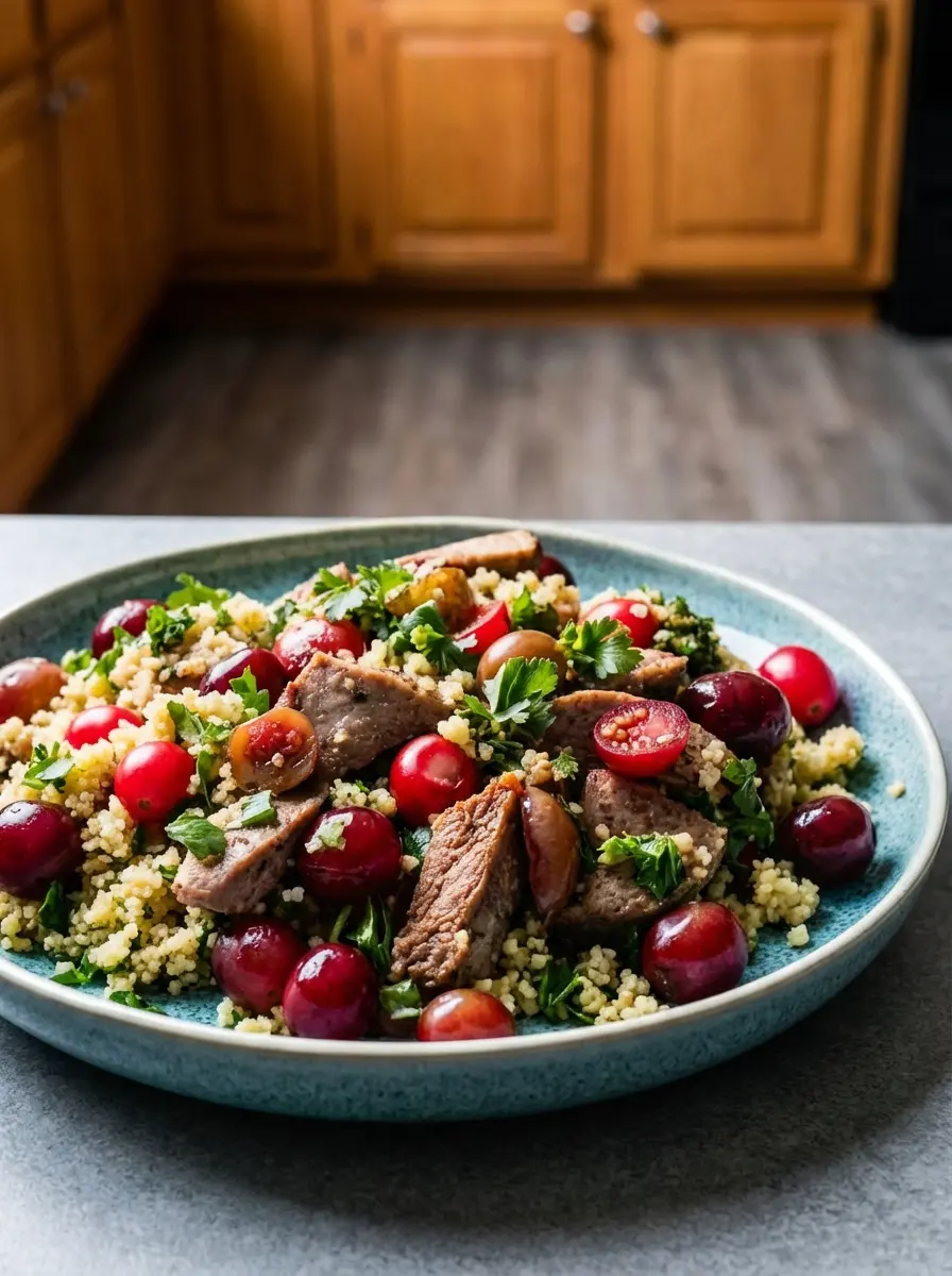 A close-up of thinly sliced, perfectly rested medium-rare lamb, partially cut on a rustic wooden cutting board, with a small portion of fluffy cooked quinoa and halved red cherries in the background. The natural morning light creates soft highlights and warm tones on the lamb, set against a clean marble surface. (3:4 ratio)