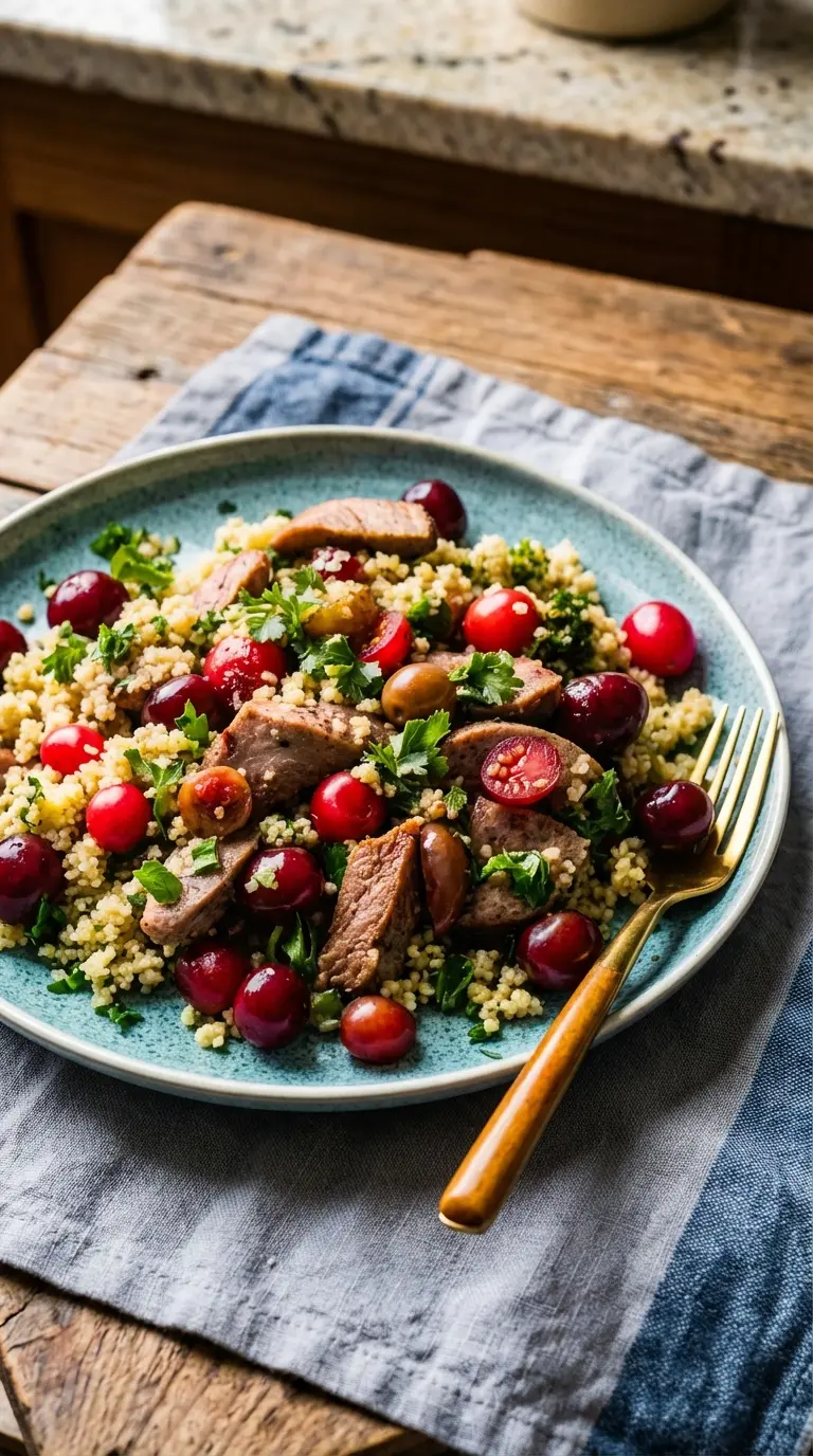 A detailed shot focusing on the texture and layers of the assembled Cherry Quinoa Salad With Lamb in a minimalist white ceramic bowl. The camera captures the fluffy quinoa grains, the tender edges of the lamb slices, the glossy skin of the red cherries, and the crisp green parsley, with a few small white radishes peeking through. Soft natural light, warm tones, on a marble countertop with a wood accent in the background. (3:4 ratio)