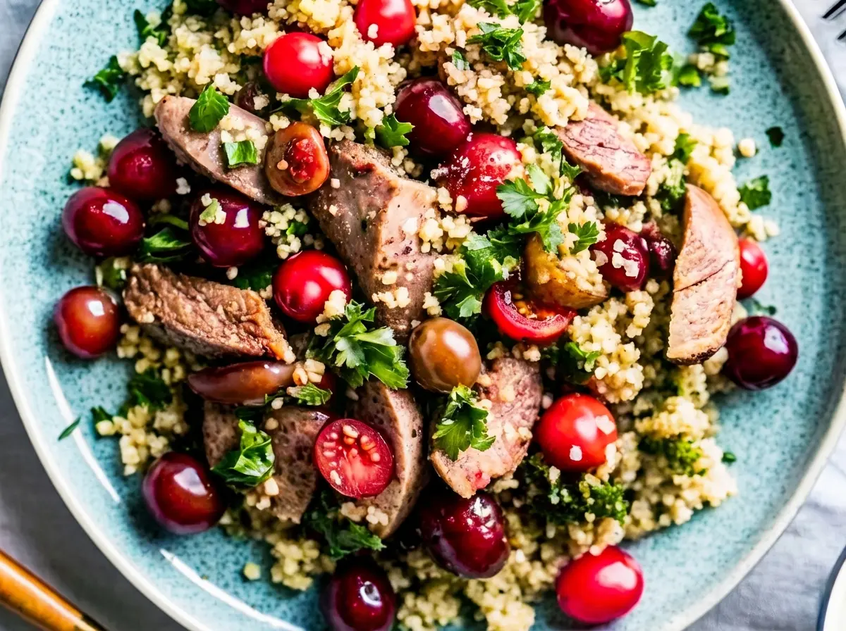 A hero shot of a Cherry Quinoa Salad With Lamb, artfully arranged on a minimalist white ceramic bowl, showcasing tender slices of medium-rare lamb, fluffy quinoa, bright red pitted cherries, small white pearl onions or radishes, and vibrant chopped parsley. The bowl sits on a light marble countertop with a subtle wooden accent (like a small trivet or spoon handle) and fresh herbs visible in the soft, natural morning light from an east window. Soft shadows enhance depth, with warm tones and a clean, tidy presentation. (4:3 ratio)