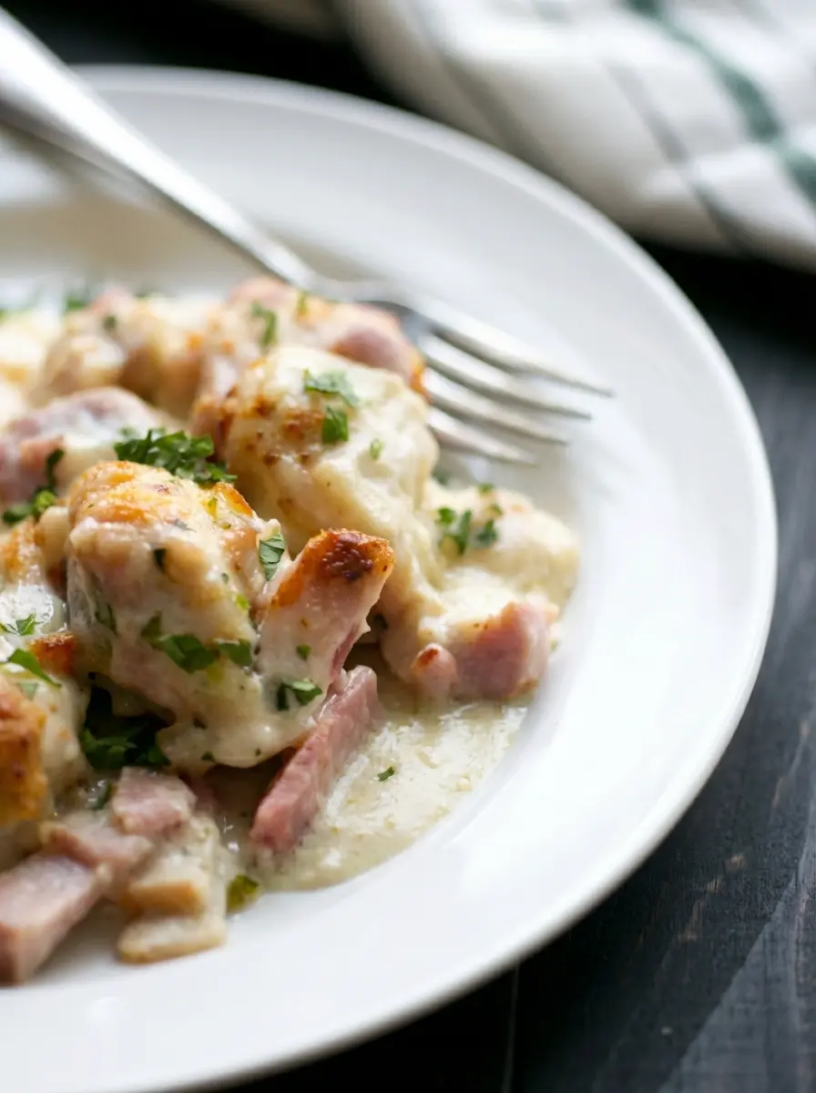 Marble countertop bathed in natural morning light from an east window, showcasing fresh ingredients for Chicken Cordon Bleu Casserole: raw chicken pieces, diced ham, Swiss cheese, cream, and fresh parsley, all artfully arranged around a wooden cutting board. Soft shadows and warm tones, clean and tidy, no hands or people. (3:4 ratio)