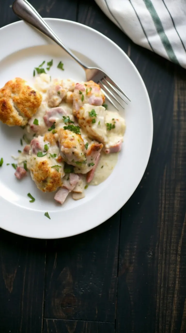 A close-up shot of a single serving of Chicken Cordon Bleu Casserole on a minimalist white plate, highlighting the creamy sauce, golden-brown crispy chicken pieces, and visible fresh green parsley garnish. A fork is resting on the side of the plate. The plate sits on a dark wooden surface with soft natural light, no hands or people. (3:4 ratio)