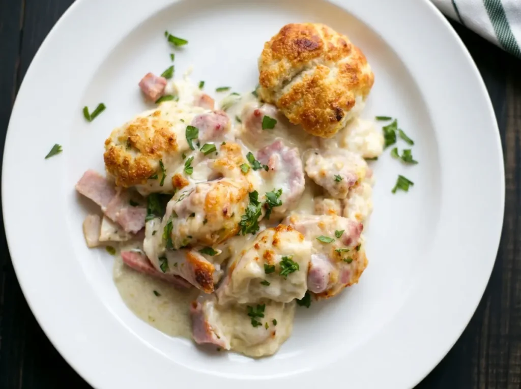 A close-up hero shot of a white plate filled with Chicken Cordon Bleu Casserole, showcasing creamy off-white sauce, crispy golden-brown chicken pieces, hints of red ham, and fresh green parsley. The plate rests on a dark wooden surface, with soft natural morning light from an east window casting warm tones and gentle shadows. A blue and white striped napkin is subtly in the background, out of focus. Clean and tidy presentation with a minimalist white plate. (4:3 ratio)
