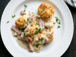 A close-up hero shot of a white plate filled with Chicken Cordon Bleu Casserole, showcasing creamy off-white sauce, crispy golden-brown chicken pieces, hints of red ham, and fresh green parsley. The plate rests on a dark wooden surface, with soft natural morning light from an east window casting warm tones and gentle shadows. A blue and white striped napkin is subtly in the background, out of focus. Clean and tidy presentation with a minimalist white plate. (4:3 ratio)