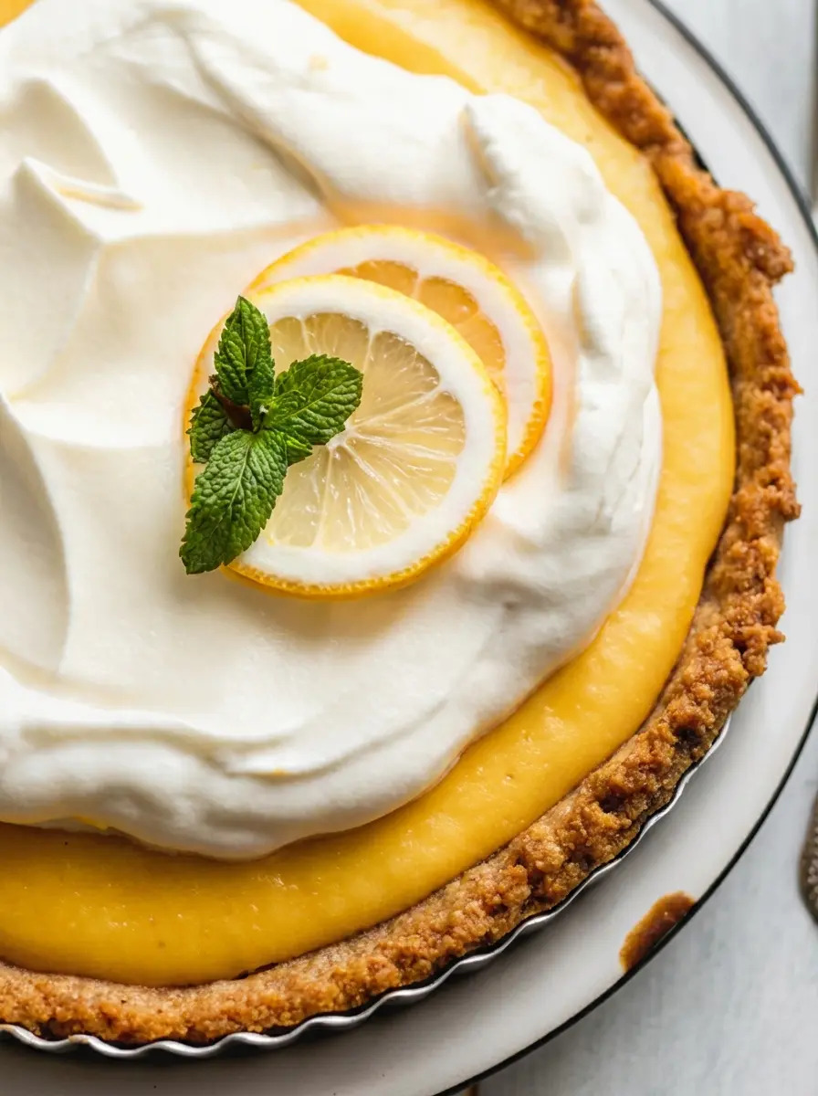 A visually appealing arrangement of the 7 key ingredients for Creamy Lemon Pie on a white marble countertop: a bowl of graham cracker crumbs, a stick of butter, a can of sweetened condensed milk, fresh whole lemons, a small bowl of separated egg yolks, and a container of heavy cream. Some loose pine nuts are scattered nearby, alongside a wooden cutting board, under natural morning light with soft shadows. (3:4 ratio)