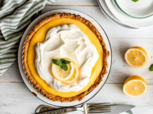 Overhead shot of a vibrant, whole Creamy Lemon Pie 7 Ingredients in a ceramic pie dish, featuring a golden-brown fluted graham cracker crust, a smooth light yellow lemon filling, and a generous swirl of white whipped cream on top. Garnished with two thin lemon slices and a few fresh mint leaves. The pie rests on a wooden cutting board on a white marble countertop. Natural morning light casts soft shadows. In the background, minimalist white and light green plates, whole lemons, and a green striped tea towel are visible. Clean and tidy presentation, warm tones. (4:3 ratio)