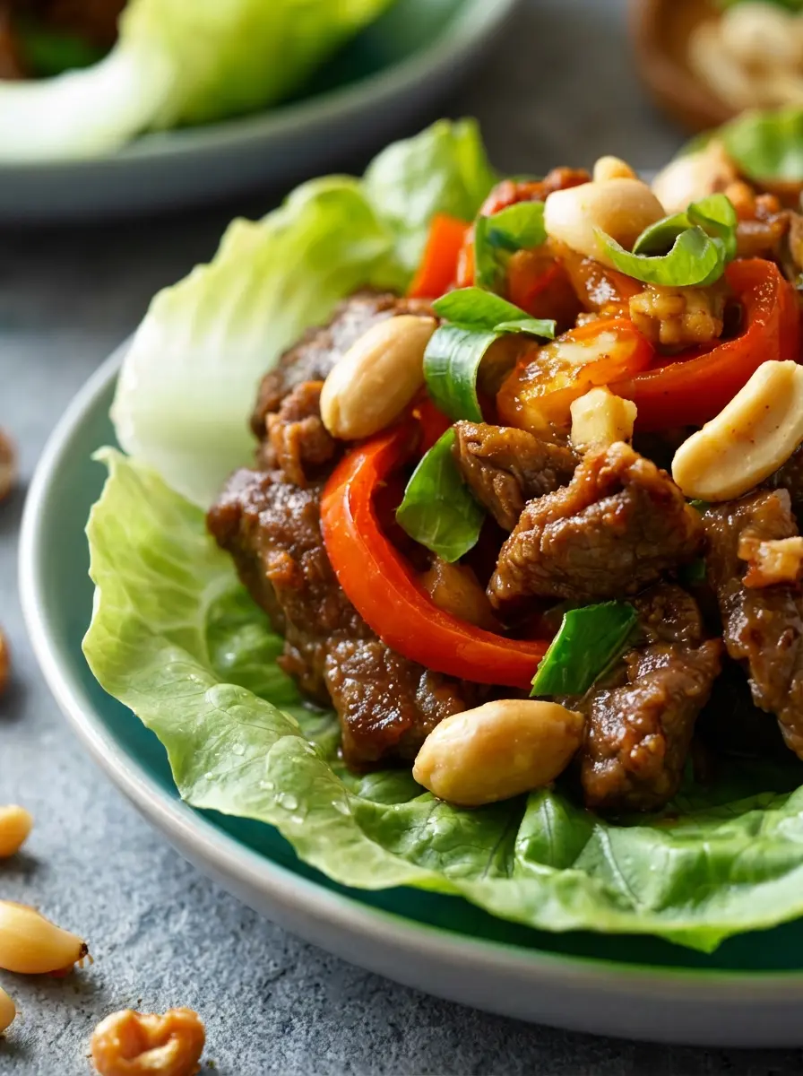 A beautifully arranged flat lay of raw ingredients for Crispy Beef and Cashew Lettuce Cups on a light wooden cutting board on marble countertops. Focus on fresh butter lettuce, diced red bell pepper, minced ginger, garlic, ground beef, a small bowl of cashews, and bottles of soy sauce and hoisin, all illuminated by natural morning light. Fresh herbs are visible in the background, with a clean and tidy presentation. (3:4 ratio)